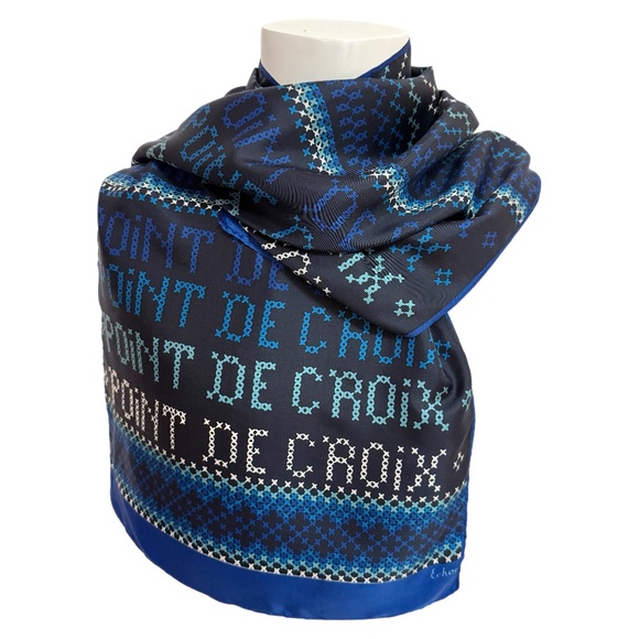 Vintage Echo Scarf – Blue “Point de Croix” Cross-Stitch Print – 15" x 46" - Picture 1 of 6